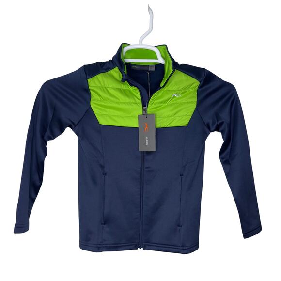 KJUS Boys US 8 EU 128 Jacket Andri Midlayer Navy Blue Green Full Zip NWT